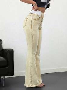 SHEIN Tall Women's Jeans Casual Skinny Stretch Flared Pants Blue Skinny Jeans High Waist Flared Pants Tall Women's Jeans Summer - Khaki - View 4