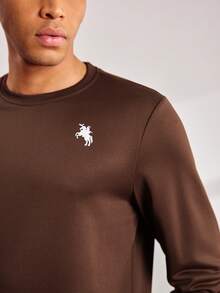 Driftmere Men's Casual Everyday Commute Minimalist Horseback Riding Print Fitted Crew Neck Sweatshirt, Spring/Autumn - Brown - View 5