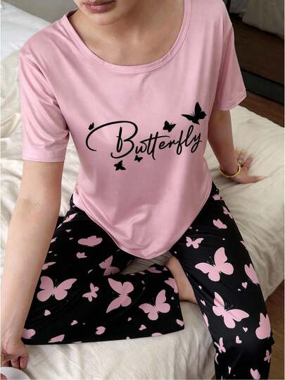Conjunto de pijama casual elegante de 2 piezas para niñas preadolescentes, con blusa de manga corta con estampado de mariposas en rosa y pantalones holgados de punto negro