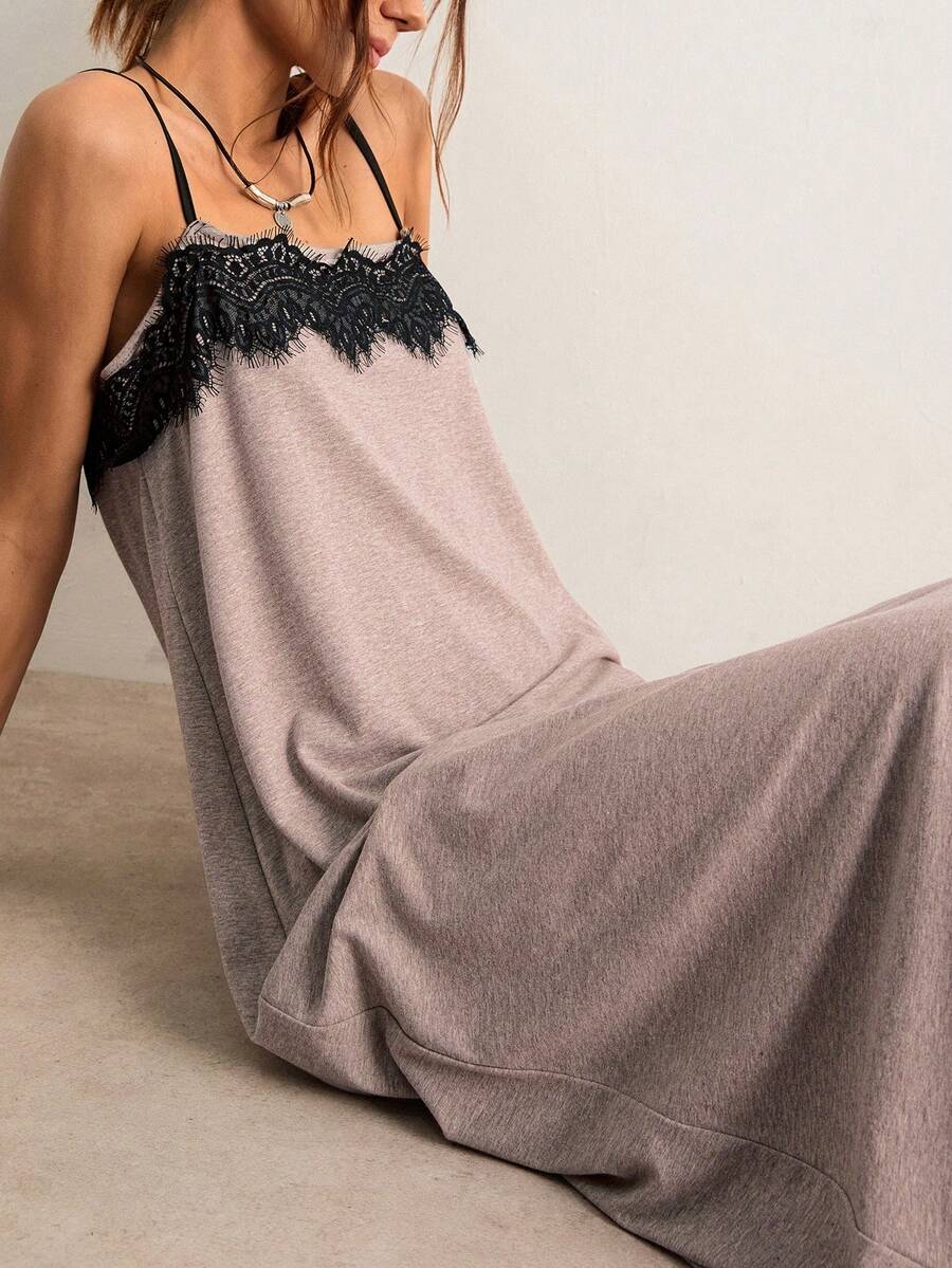 Freevana Women's Elegant Sexy Contrast Color Lace Patchwork Spaghetti Strap Dress, Summer Golf Pastal - Khaki - View 1