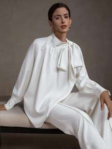 MOTF PREMIUM WOMEN'S ELEGANT OVERSIZED BOWKNOT RUCHED LANTERN SLEEVE TOP - White - View 5