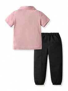 SHEIN Streecool Kids 男童骑士印花 Polo 领短袖 T 恤和裤子休闲套装 - 淺粉色 - 查看 2