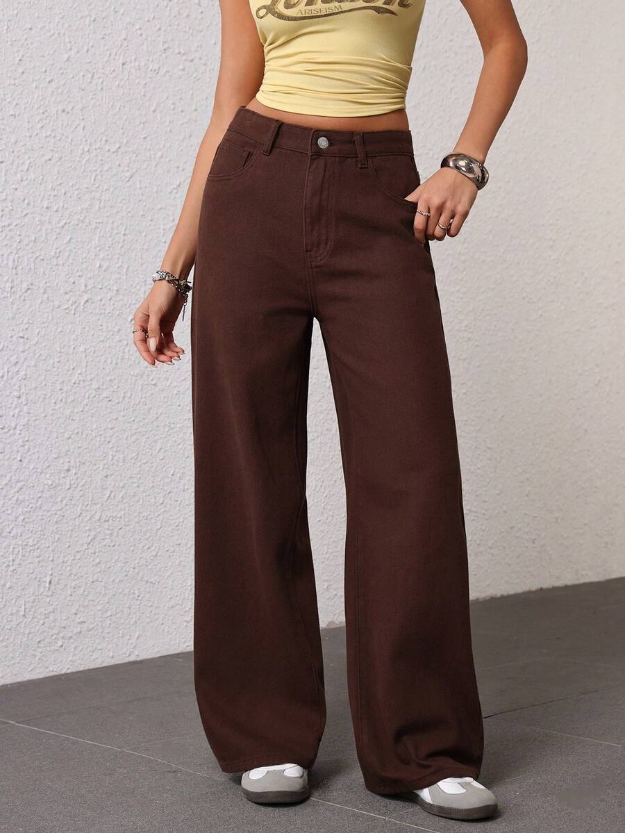 Jeanoix Women's Pocketed Wide Leg Loose Casual Versatile Jeans - Brown - View 1
