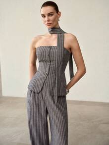 MOTF PREMIUM 2 PIEZAS CONJUNTO DE TOP TUBO Y PANTALONES CON ESTAMPADO A RAYAS Y CINTURÓN CASUAL - Gris - Ver 4