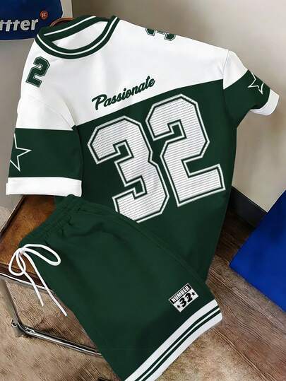 Manfinity Joysei Conjunto de camiseta de manga corta con estilo de fútbol americano para hombres, camiseta deportiva casual con gráfico apasionado #32, unisex