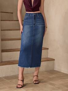 Selenza 女士优雅休闲开衩复古牛仔蓝A字裙，四季皆宜 - 中等水洗藍 - 查看 4