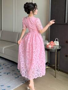 DAZY Lace Collar Waist Cinching Sweet Dress, High-End French Style Elegant Long Dress Sun Dresses For Women Summer - Pink - View 8