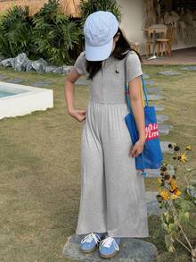 DAZY Tween Mädchen Jumpsuit im Teenager-Alter mit Einhorn-Muster und Knopfleiste, Kurzarm, Lässig - Grau - Übersicht 2