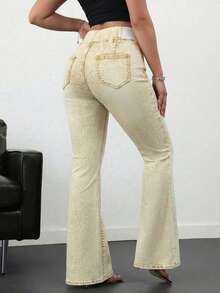 SHEIN Tall Women's Jeans Casual Skinny Stretch Flared Pants Blue Skinny Jeans High Waist Flared Pants Tall Women's Jeans Summer - Khaki - View 2
