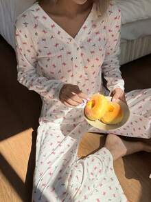 Livesso Women's Bow Print Long Sleeve Top And Wide Leg Pants Casual 2 Pieces Set - White - View 6