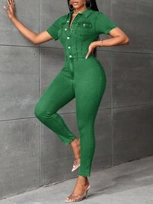 Slaydiva Bộ áo liền quần denim nữ tay ngắn cài cúc nửa thân kiểu dáng thường ngày - màu xanh lá - Xem 4