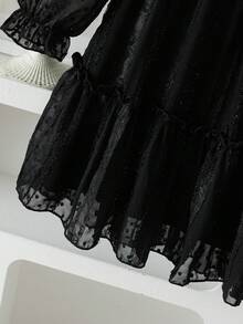 SHEIN 女童优雅公主风荷叶边领泡泡袖提花刺绣双层荷叶边下摆宽松公主裙，适合度假、旅行、派对、送礼、春秋季穿着。 - 黑色 - 查看 4