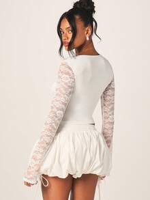 MISSGUIDED Lace Long Sleeve Sweetheart Neck Crop Top Feminine Party Date Night Spring Summer - White - View 3
