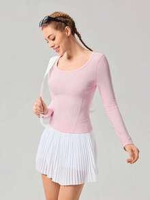 OutZeal 女士运动粉色T恤 日常休闲速干修身长袖U领运动上衣 - 粉色 - 查看 6