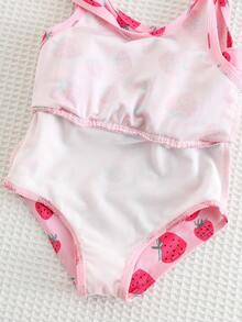 SHEIN 女婴草莓印花荷叶边可爱连体泳衣 - 粉色 - 查看 5