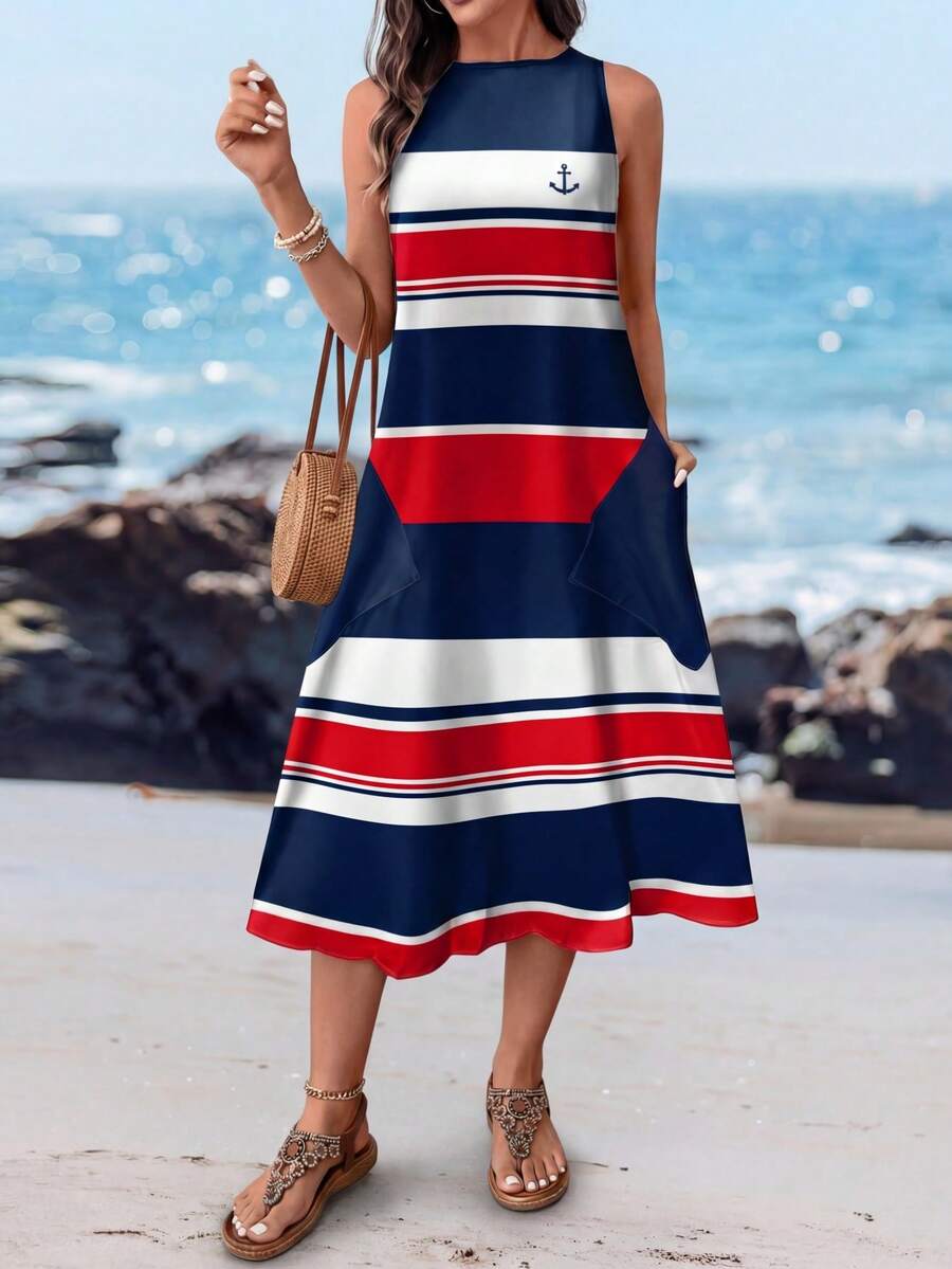 Sylviya Đầm nữ dáng lửng phối màu in họa tiết, thích hợp cho mùa xuân/hè, kiểu dáng thanh lịch, thích hợp mặc vào mùa thu, không tay, kẻ sọc, phong cách thường ngày. - Nhiều màu - Xem 1