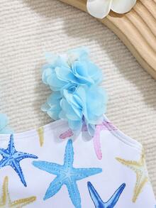 SHEIN Baby Girl Starfish Pattern Ruffle Trim One-Piece Swimsuit - Blue - View 7