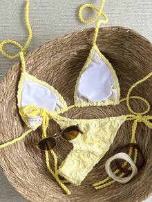 Swim Mod Women's Casual Vacation Beach Party Elegant Cute Solid Floral Knit Jacquard Bikini Two Pieces Swimwear, Spring/Summer Boho Bikini Set Butter Yellow Bikini Yellow Bathing Suit Set Lemon Bathing Suit Lemon Bikini - Pale Yellow - View 2