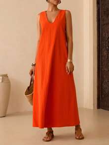 Vesra Women's V-Neck Sleeveless Loose Long Dress - Burnt Orange - View 3