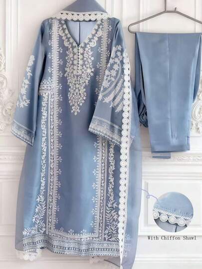 GlowEve 3pcs Women V-Neck Printed Casual Dress With Shawl And Solid Color Pants Set