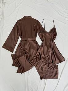 SilkySpell 四件套：刺绣V领仿丝吊带睡裙+吊带背心和短裤+睡袍 - 咖啡棕 - 查看 2
