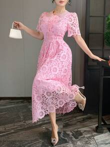 DAZY Lace Collar Waist Cinching Sweet Dress, High-End French Style Elegant Long Dress Sun Dresses For Women Summer - Pink - View 4