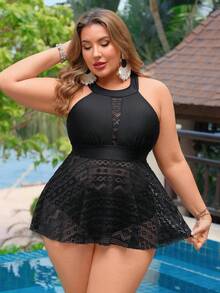 Swim Lushoire Bộ đồ bơi cỡ lớn gồm áo cổ yếm khoét rỗng và áo tankini tam giác. - màu đen - Xem 3