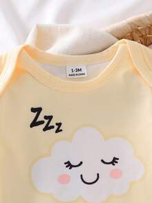 新生儿柔软面料黄色云朵星星可爱图案长袖连体衣套装 - 黃色 - 查看 5