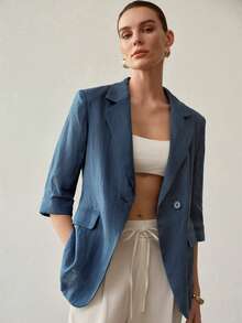 MOTF PREMIUM 时尚轻盈宽松亚麻女士西装外套 - 藍色 - 查看 6