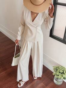 DAZY 女士春季休闲纯色V领西装外套和阔腿裤套装 - 杏色 - 查看 6