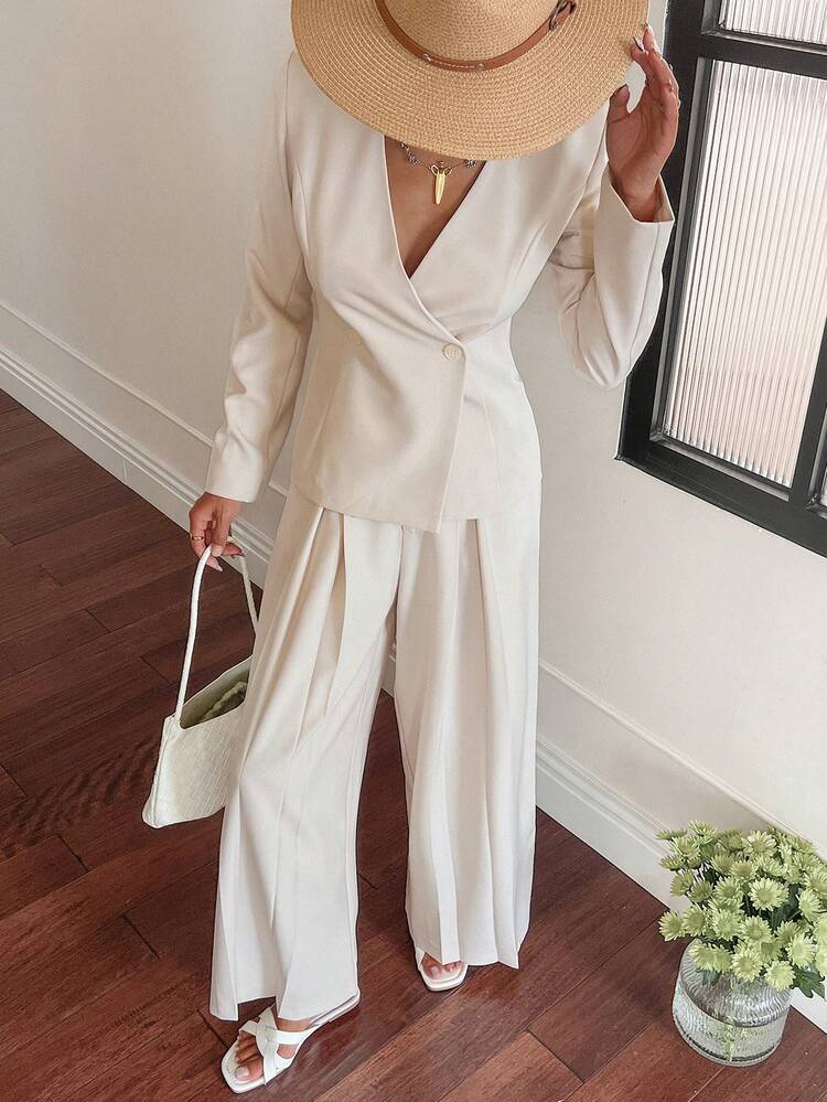 Women's Spring Casual Solid V-Neck Blazer Jacket And Wide Leg Pants Suit