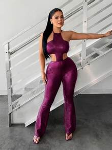 SHEIN SXY Sexy Burgundy Hollow-Out Jumpsuit Sexy Jumpsuits Snakeskin Jumpsuit Club Jumpsuit Cut Out Jumpsuit - Hot Pink - View 3