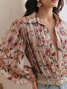 Anewsta Blus Wanita Model Baru Longgar Kasual Motif Bunga dengan Kerah, Cocok untuk Musim Semi, Musim Panas, Beraktivitas Sehari-hari, Pesta Pantai, Atasan Warna Pink - Berwarna merah muda - View 1