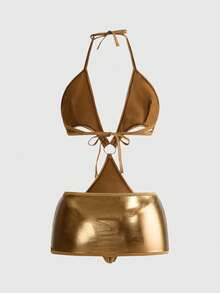 ROMWE Avant Fashionable Laser Coated Fabric Sexy Lingerie Set - Gold - View 2