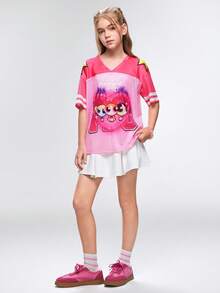 THE POWERPUFF GIRLS X SHEIN Tween Girls' Letter Print V-Neck Loose Short Sleeve T-Shirt, - Pink - View 5