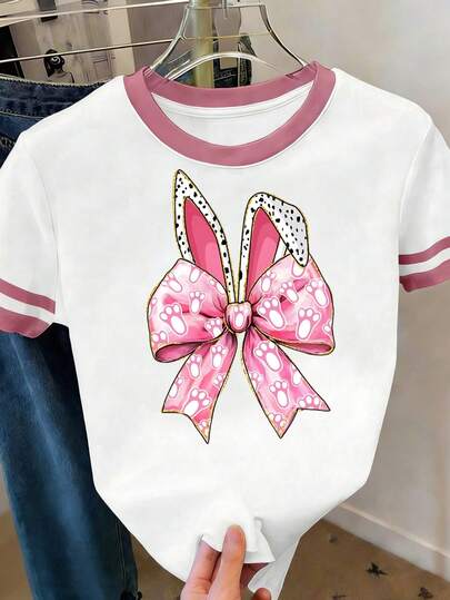 Camiseta con orejas de conejo y moño rosa-dorado dulce, manga corta con estilo colegial de combinación de rosa y blanco, blusa versátil con estilo juvenil y femenino.un diseño entretenido,ideal para chicas adorables, corte cómodo y tela suave, envío desde México, tallasXS-XL