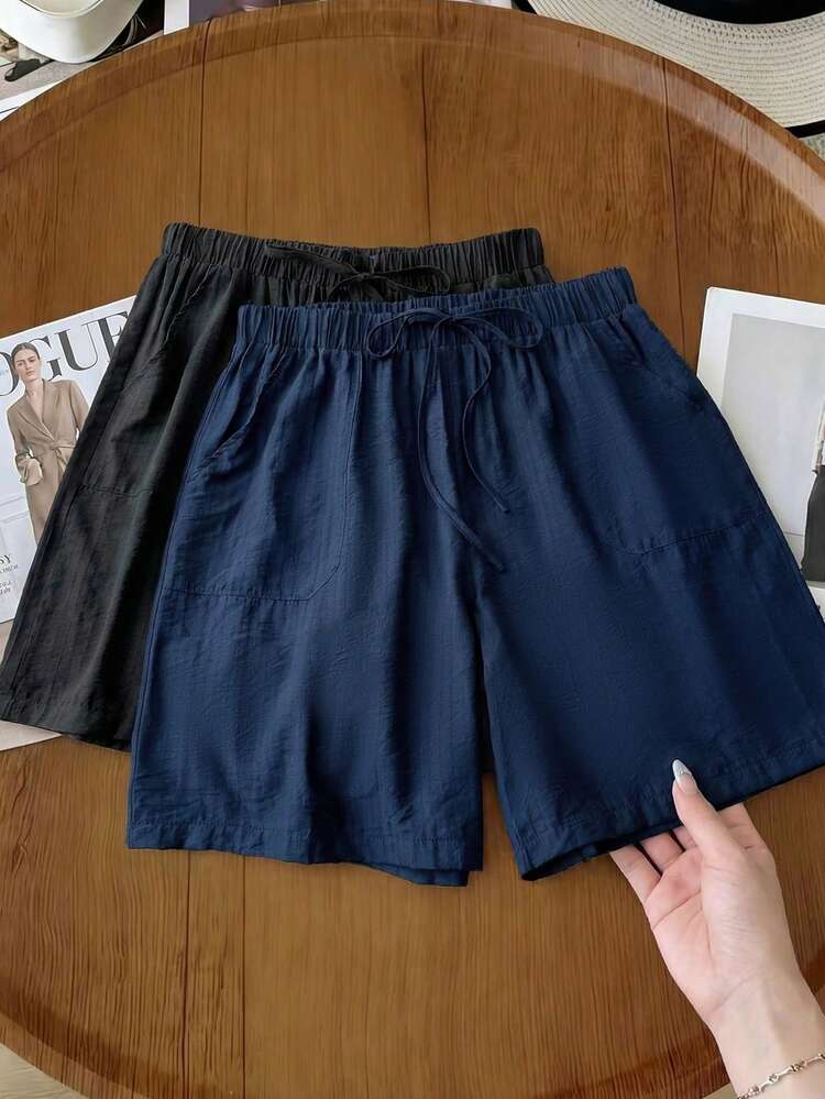 Plus Size Women's Casual Solid Color Shorts, Summer,Summer Outfits,Spring Clothes Women,Going Out Outfits,Holiday Outfits For Women,Casual Outfit For Women,Beach Vacation Outfits For Women Shorts Women Summer Shorts Casual Shorts Wide Leg Shorts Loose Shorts Women's Shorts Summer Work Shorts For Women Women's Casual Shorts 2pcs Shorts
