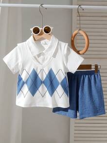 SHEIN 3pcs/Set New Spring/Summer Toddler Boys' Casual Elegant Gentleman Shirt, Diamond Pattern Vest, Matching Faux Denim Shorts - Blue - View 3