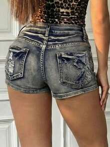 SHEIN ICON 女士夏季休闲水洗做旧水钻装饰低腰牛仔短裤 - 深色水洗藍 - 查看 2