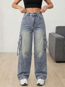 SHEIN ICON 女士高腰工装口袋阔腿宽松休闲牛仔裤 - 藍色 - 查看 1