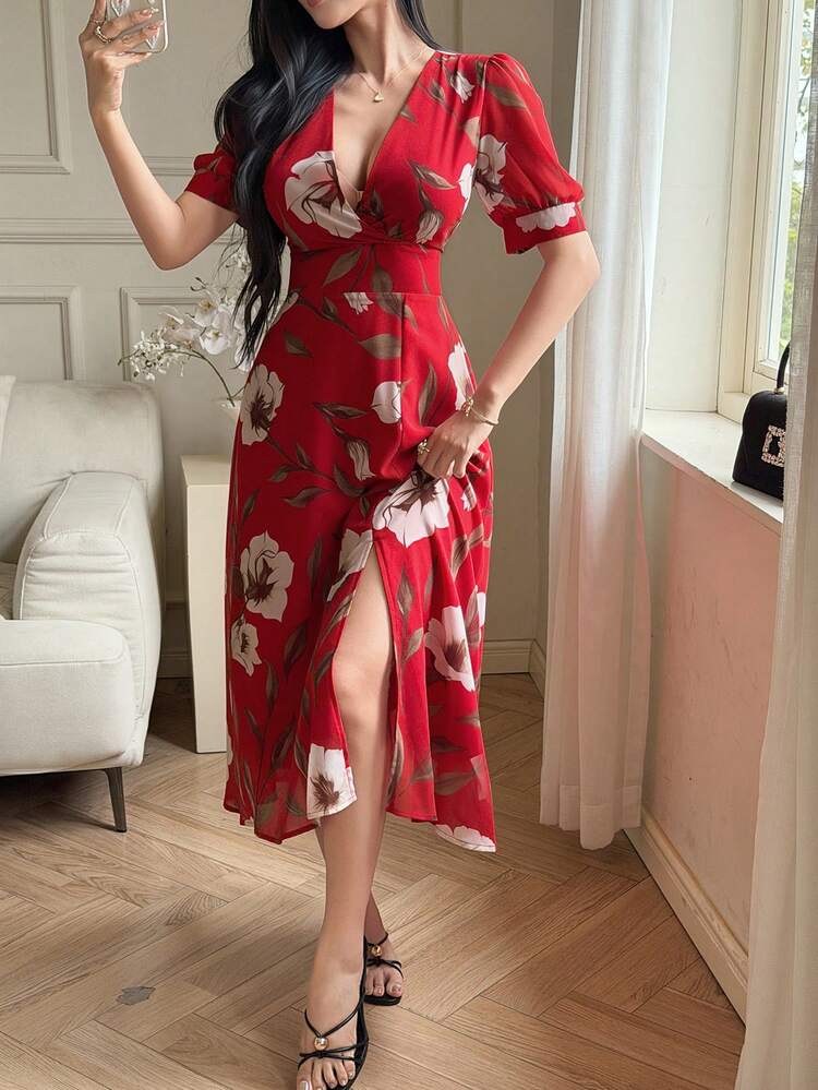 Women's Deep V-Neck Floral Print Short Petal Sleeve Sexy Side Slit Dress Sundress Summer Boho