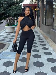 Alexandranx 雪纺假日休闲时尚交叉褶皱后颈纽扣优雅性感女士衬衫 - 黑色 - 查看 3