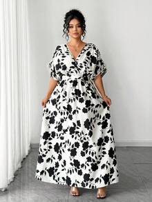 Elenzga Vestido elegante de talla grande para mujer con cuello en V, mangas cortas y cintura ceñida en línea A, adecuado para el trabajo, primavera/verano - Blanco y Negro - Ver 4