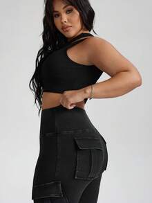 SHEIN PETITE CURVE Plus Size Casual Washed High Waist Flare Leg Cargo Jeans - Black - View 3