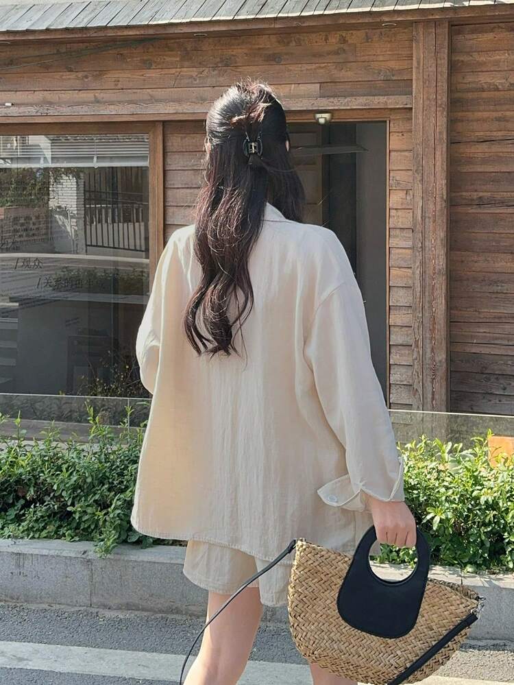 Women's Collared Embroidered Loose Top & Shorts 2 Pieces Set Summer
