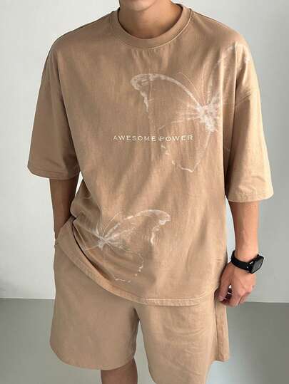 DAZY Khaki Short Sleeve T-Shirt & Shorts Set With Letter Print Design For Men, Summer