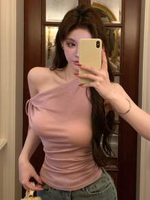 DAZY 女士夏季亮面面料短袖系领套头优雅T恤 - 粉色 - 查看 2