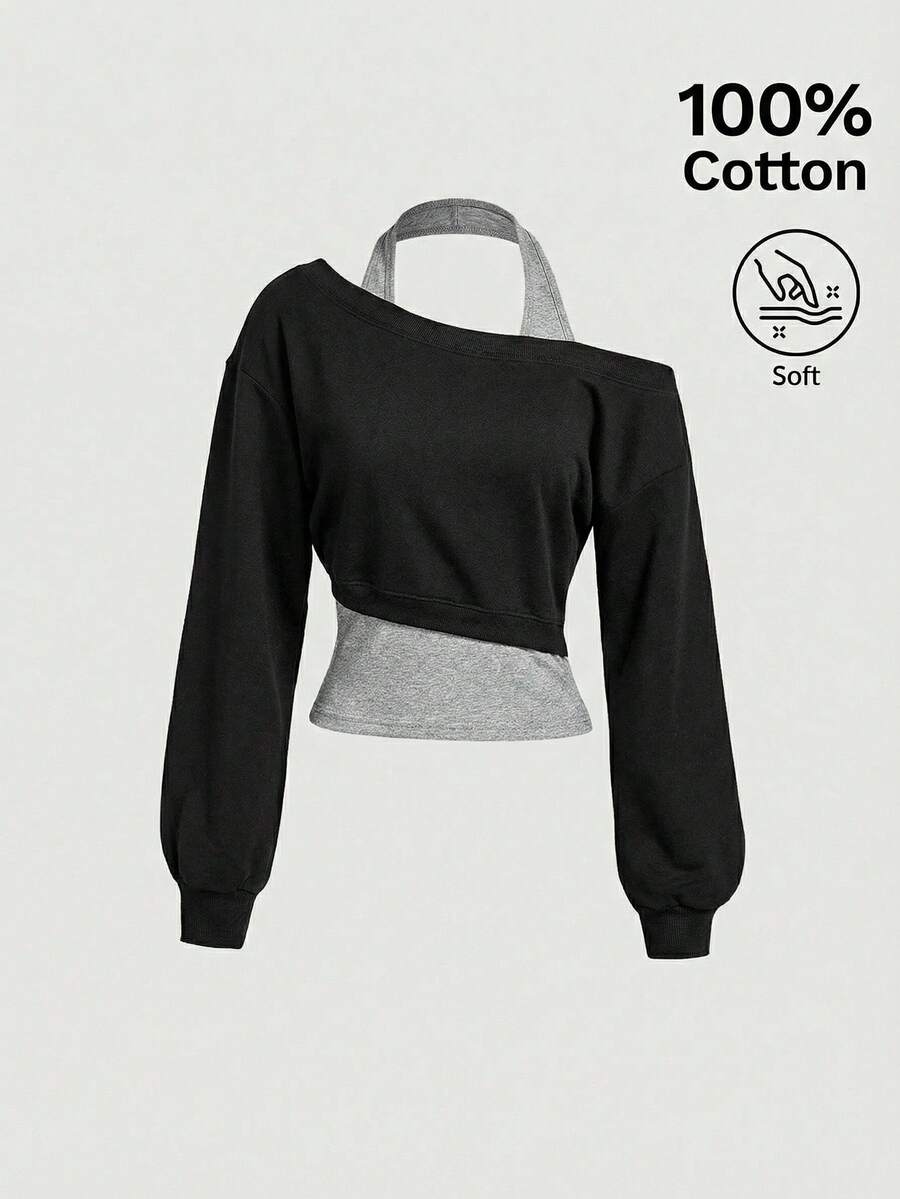 SHEIN MOD Áo sweatshirt nữ cổ lệch, màu xám, kiểu 2 trong 1, thích hợp cho mùa thu/đông. - màu đen - Xem 1