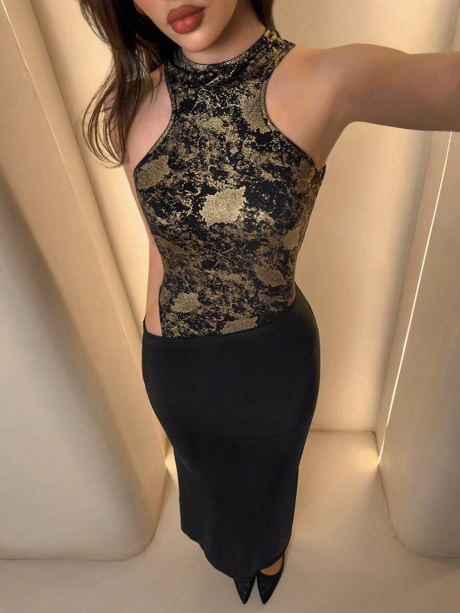 SHEIN Allurite 女士无袖连衣裙，采用箔印拼接设计，修身剪裁 - 彩色 - 查看 1