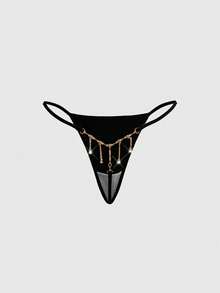 ROMWE 1pc Gothic Metal Chain Rhinestone Decorated Women's G-String - Black - View 1